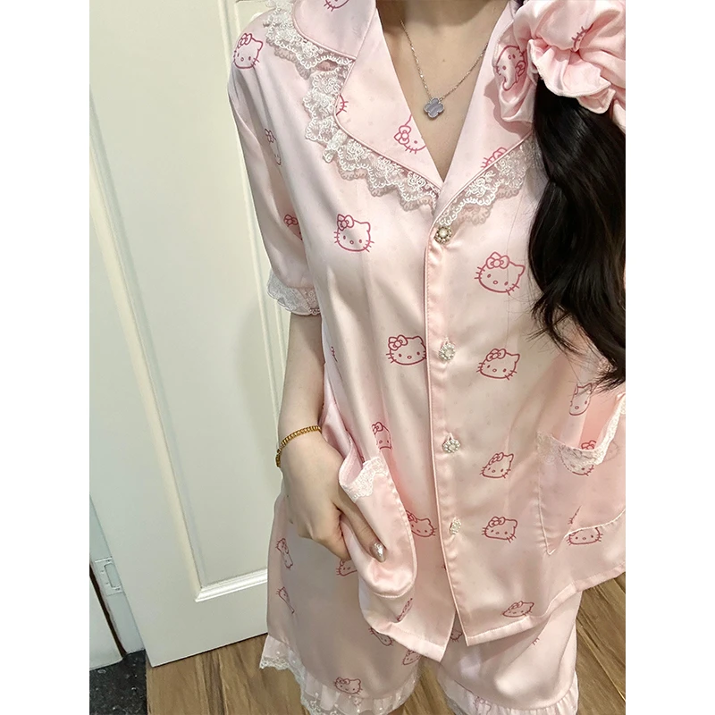 【蕾丝边kitty】韩系甜美纯色冰丝睡衣女夏季新款可外穿家居服套装