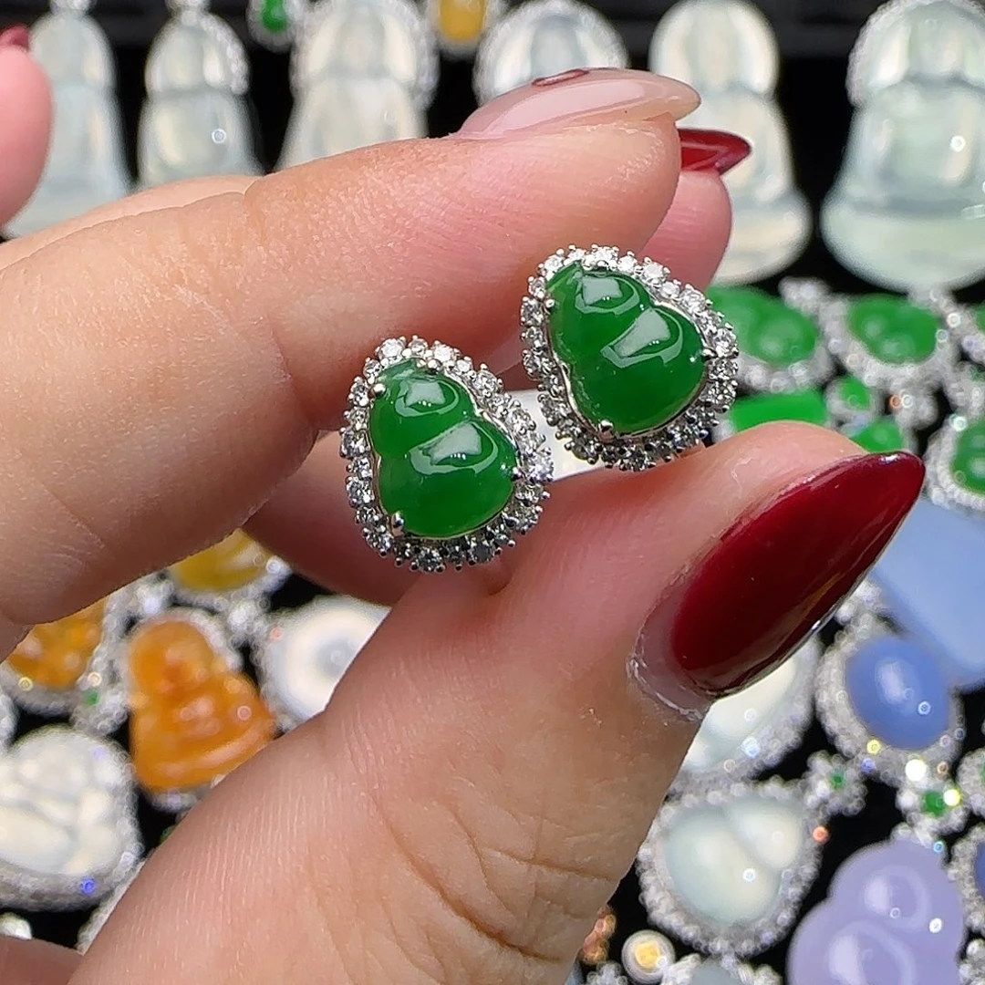 翡翠18K金镶嵌耳饰天然翡翠