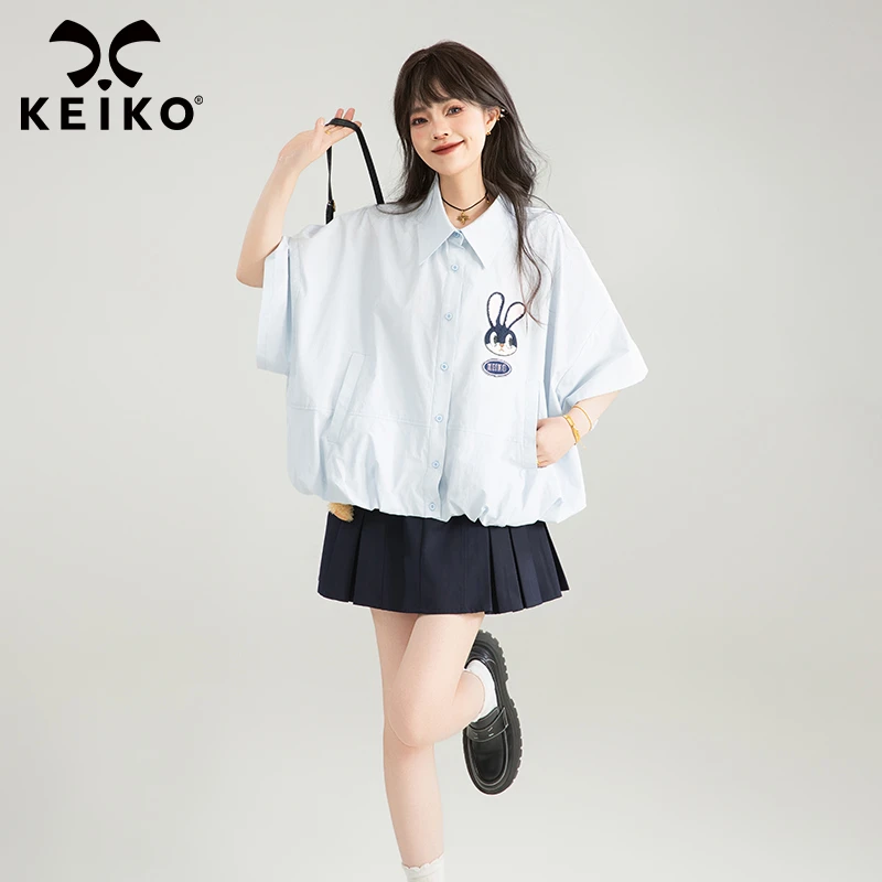 KEIKO 花苞式抽绳短袖衬衫夏季云朵状廓形遮肉显瘦个小子休闲上衣