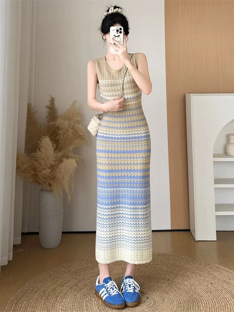 【L01-L60】针织吊带连衣裙夏季新款高弹力修身显瘦气质款半袖长裙