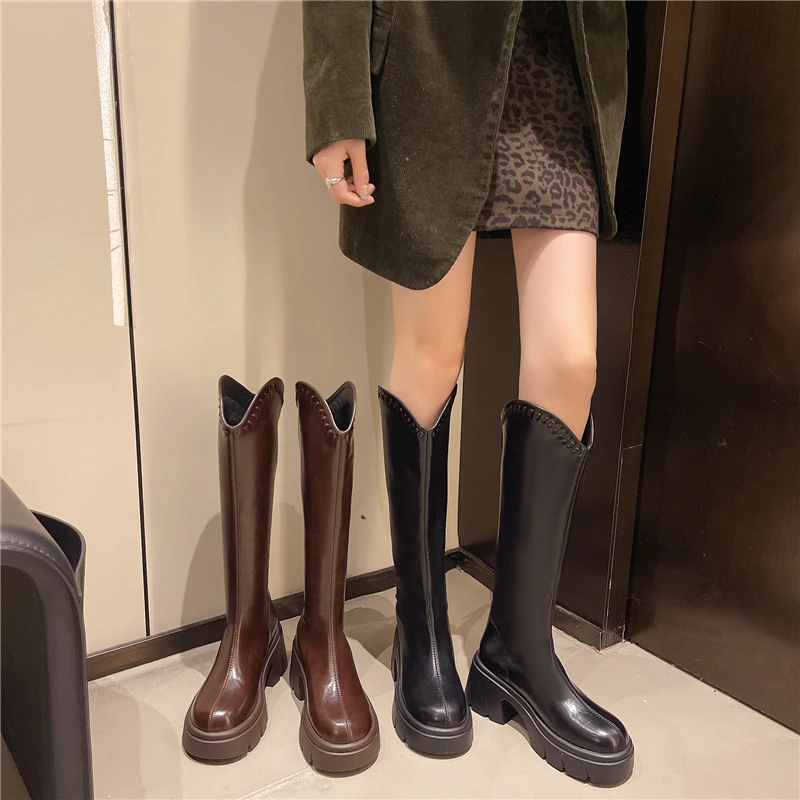 暮秋秋厚底显瘦增高长筒靴女2025秋季新款复古潮流百搭时尚骑士靴