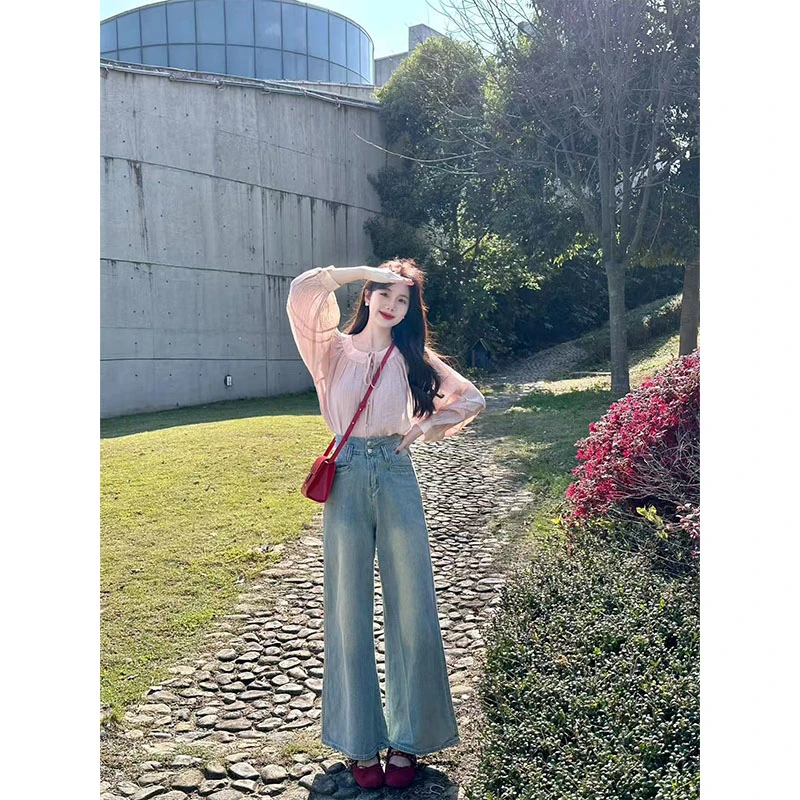 2025早春新款粉色韩系气质宽松甜美绑带复古设计感衬衫百搭牛仔裤