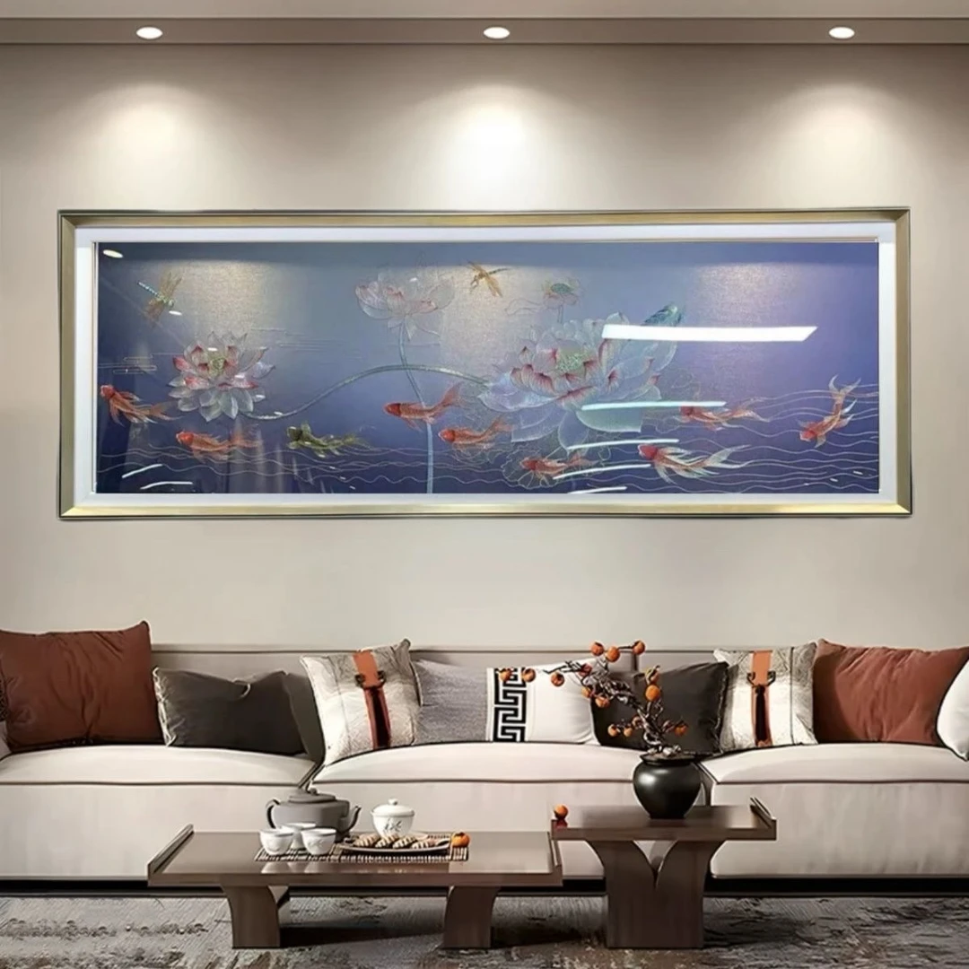 荷花九鱼图现代简约刺绣装饰画客厅画沙发背景墙新中式织锦绣挂画