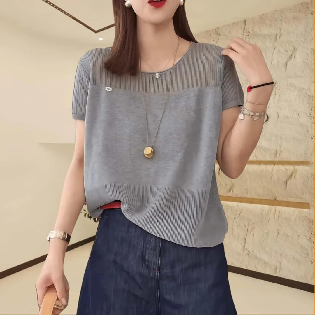 夏季镂空短袖针织衫女2025休闲纯色显瘦宽松洋气时尚薄款上衣T恤