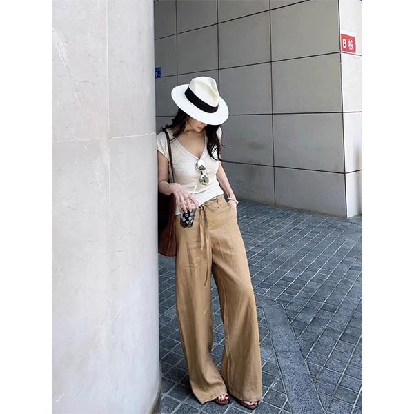 UMI纯亚麻抽绳阔腿裤女高腰宽松显瘦百搭休闲裤直筒裤2025年夏新