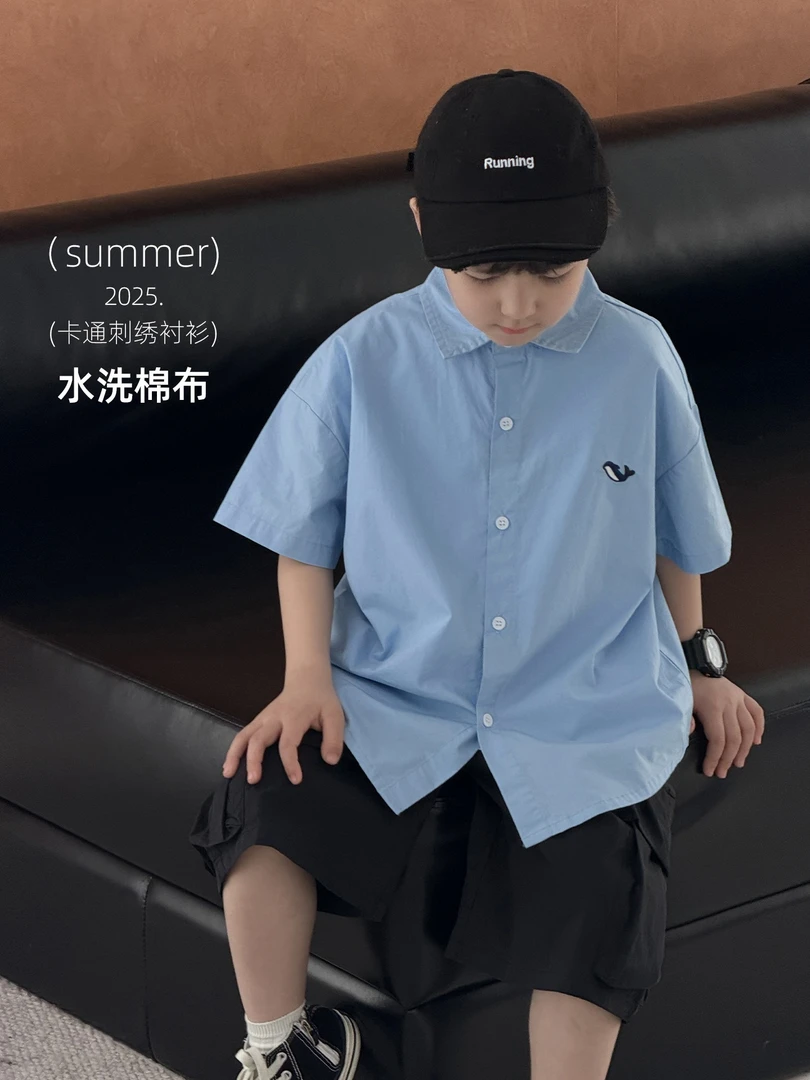 【AX5031】2025男童春夏新款童装洋气鲸鱼刺绣百搭短袖儿童衬衫