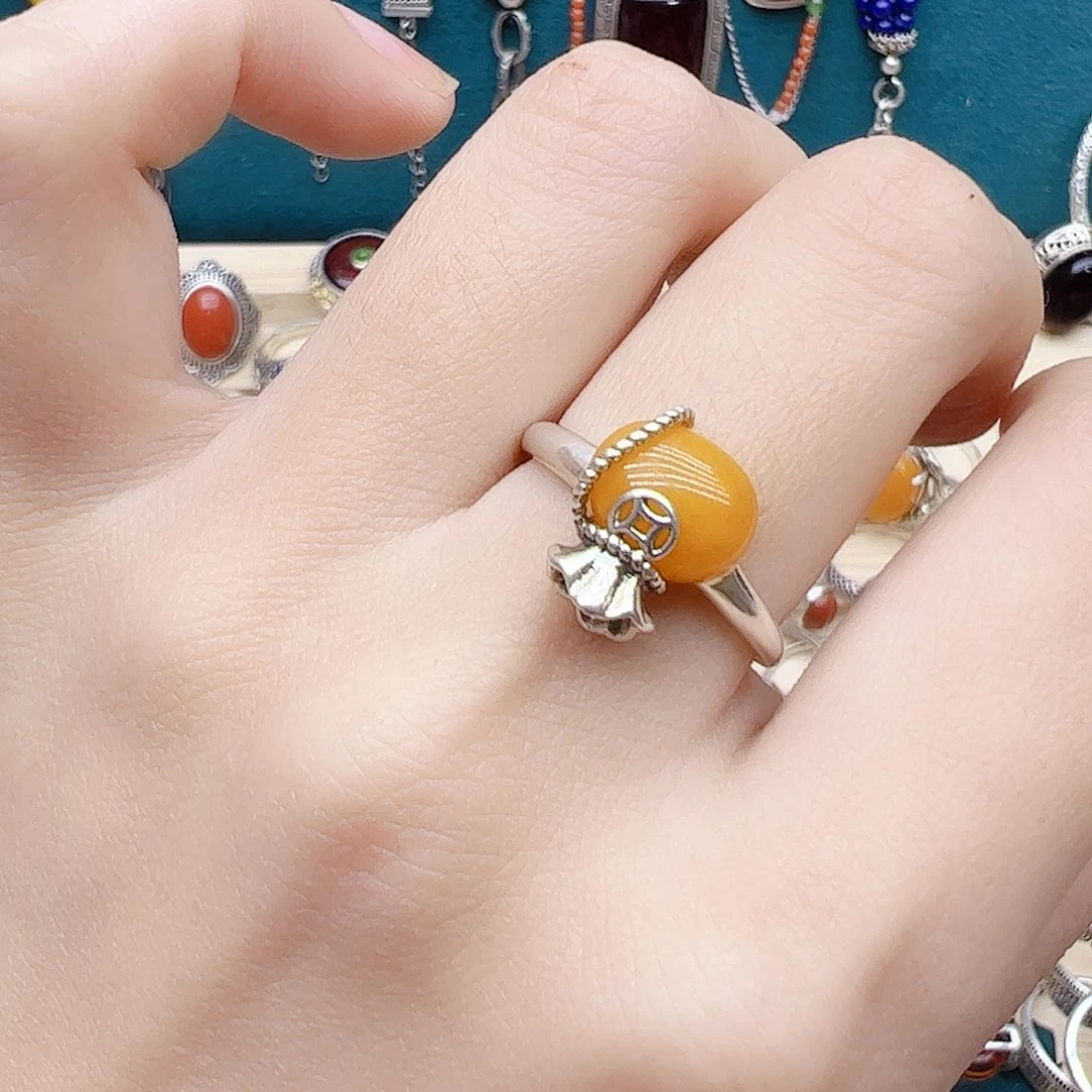 蜜蜡戒指银S925镶嵌天然蜜蜡