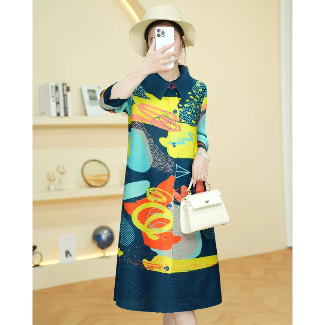 【欧洲站】AH007洋气印花裙子春装气质减龄连衣裙褶皱宽松