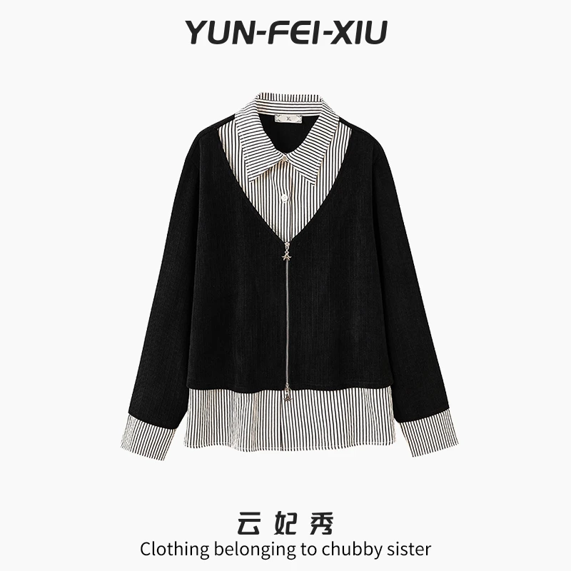 云妃秀大码女装衬衫翻驳领时尚宽松显瘦遮肉胖妹妹假两件秋季9039