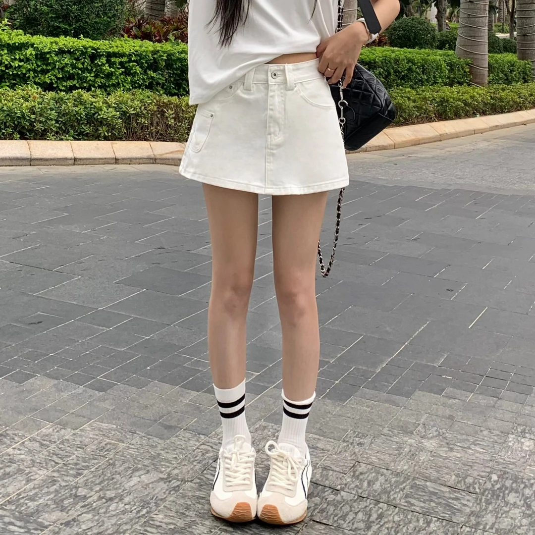 3MER 韩系A版显瘦牛仔裤裙女高腰2025春口袋纽扣百搭短裤