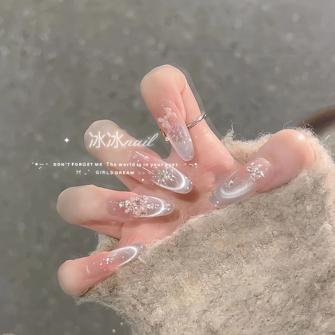 【雪夜极光】美拉德风格法式猫眼手工穿戴甲秋冬雪花满钻蝴蝶结