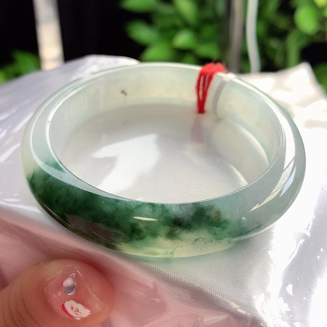 未镶嵌手镯翡翠57-58圈口白底翠绿花泼墨山水画超级漏7号