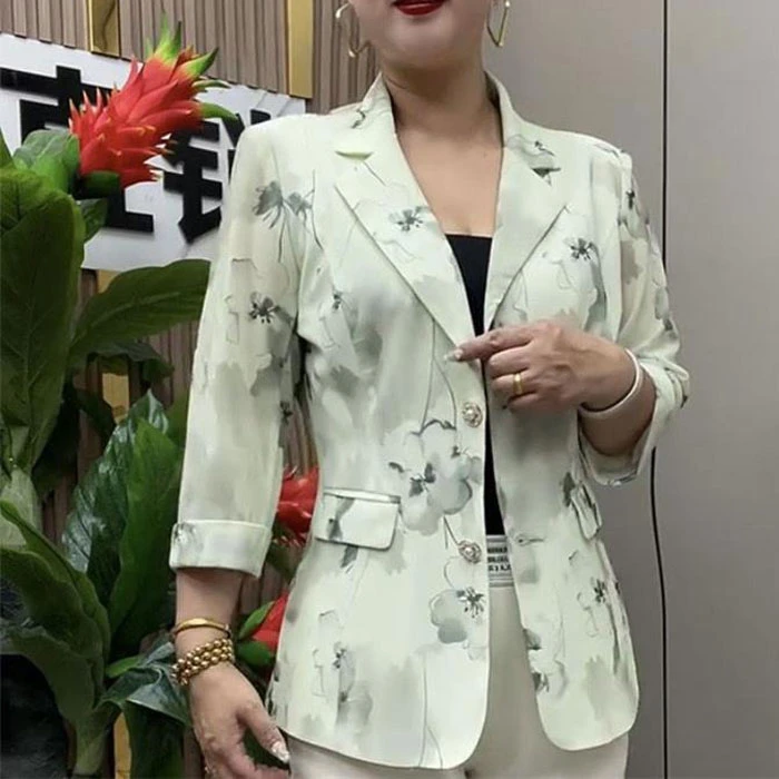 早秋新款女士POLO领休闲风防晒外套中年碎花西装显瘦西服薄款上衣