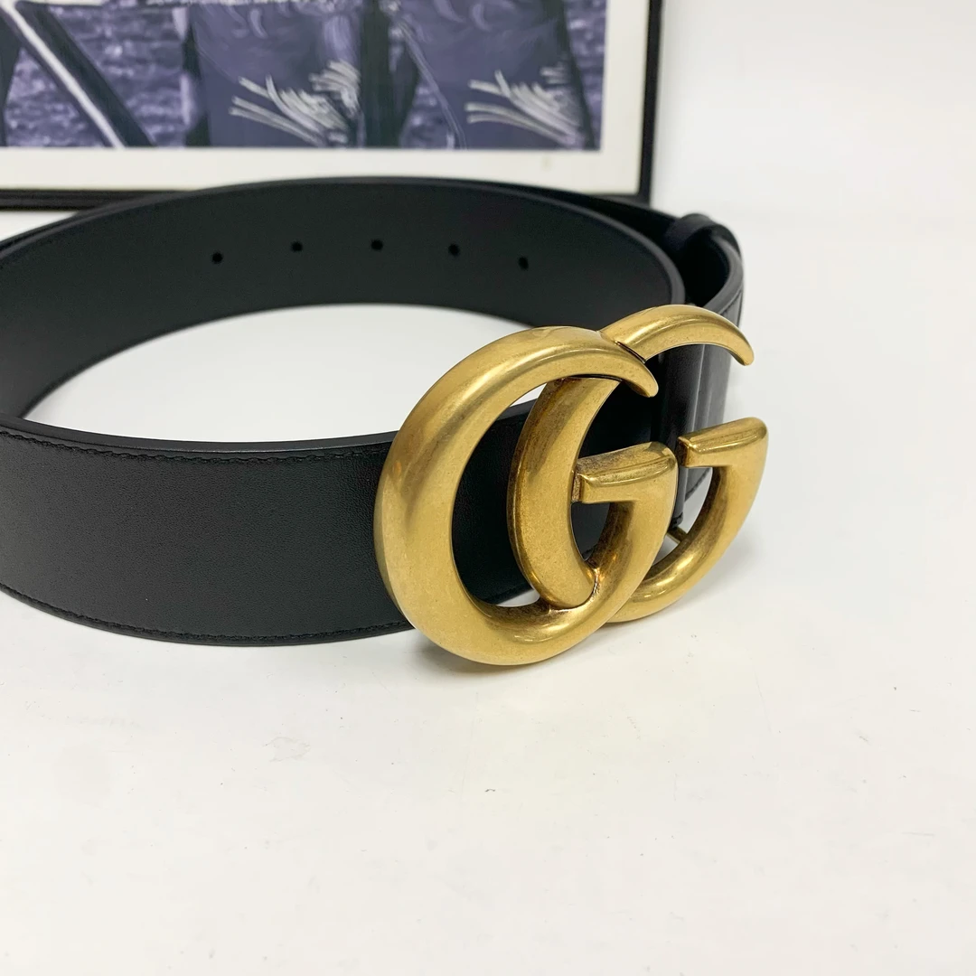 全新未使用 GUCCI/古驰 古驰黑色牛皮复古做旧金扣皮带时尚百搭