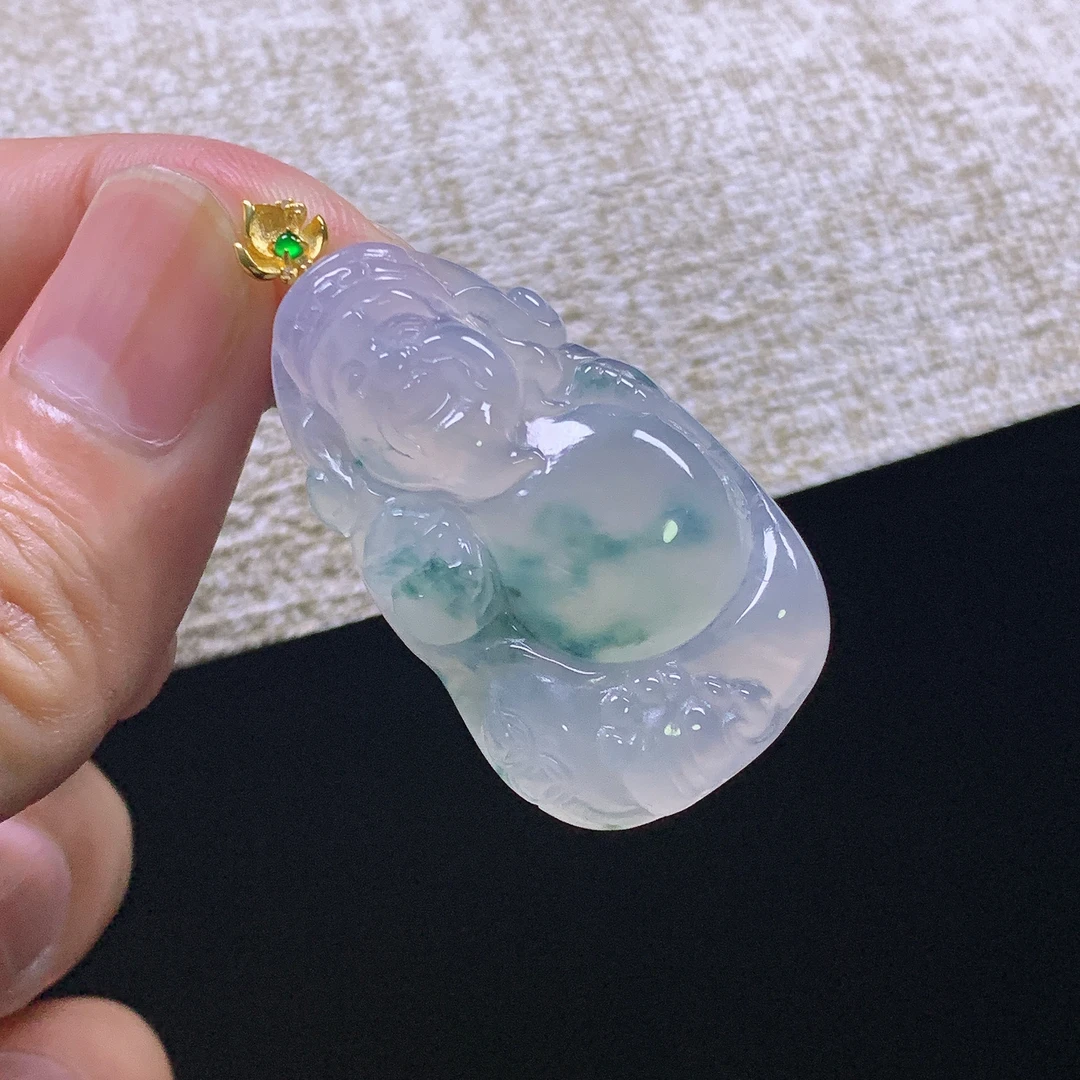 缅甸天然A货翡翠18k金镶嵌冰种胶润飘花财神爷吊坠44.8x23x5.9