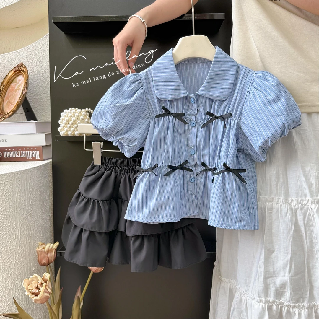 HM女童套装2025夏季新款蝴蝶结洋气女宝宝学院风儿童蛋糕裙两件套
