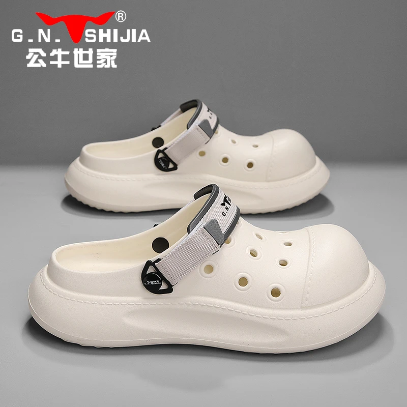 公牛世家洞洞鞋男2025新款夏季外穿两用沙滩鞋防滑踩屎感包头拖鞋