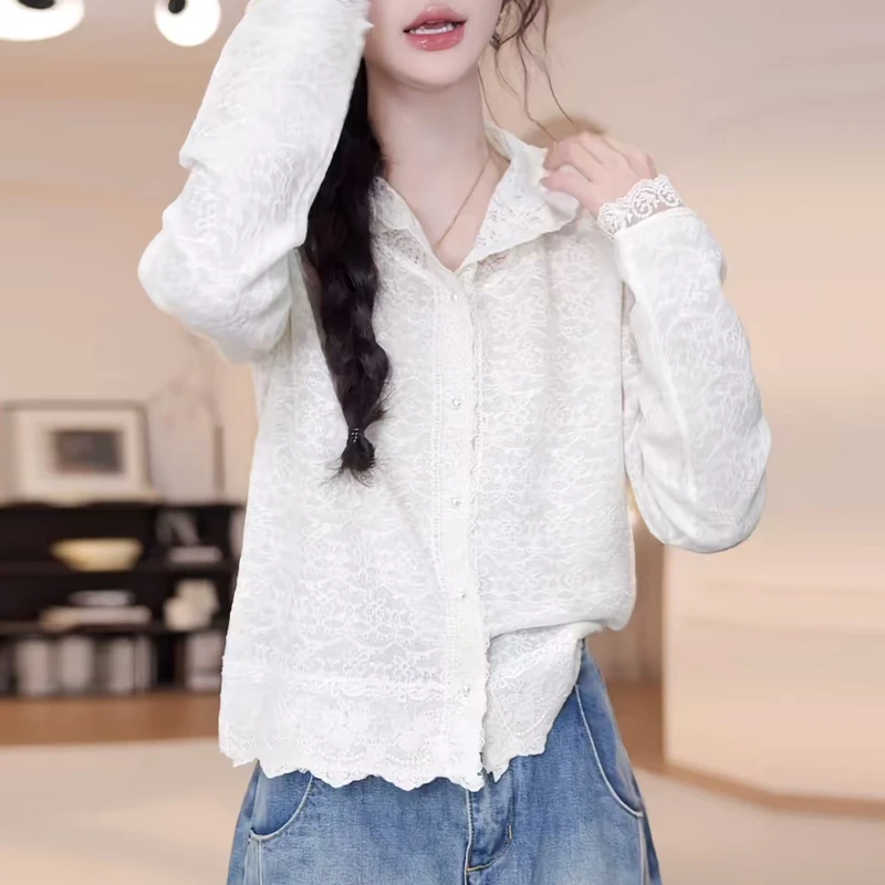早秋百搭纯色花边蕾丝提花长袖T恤女2025新款纯欲慵懒风女装上衣