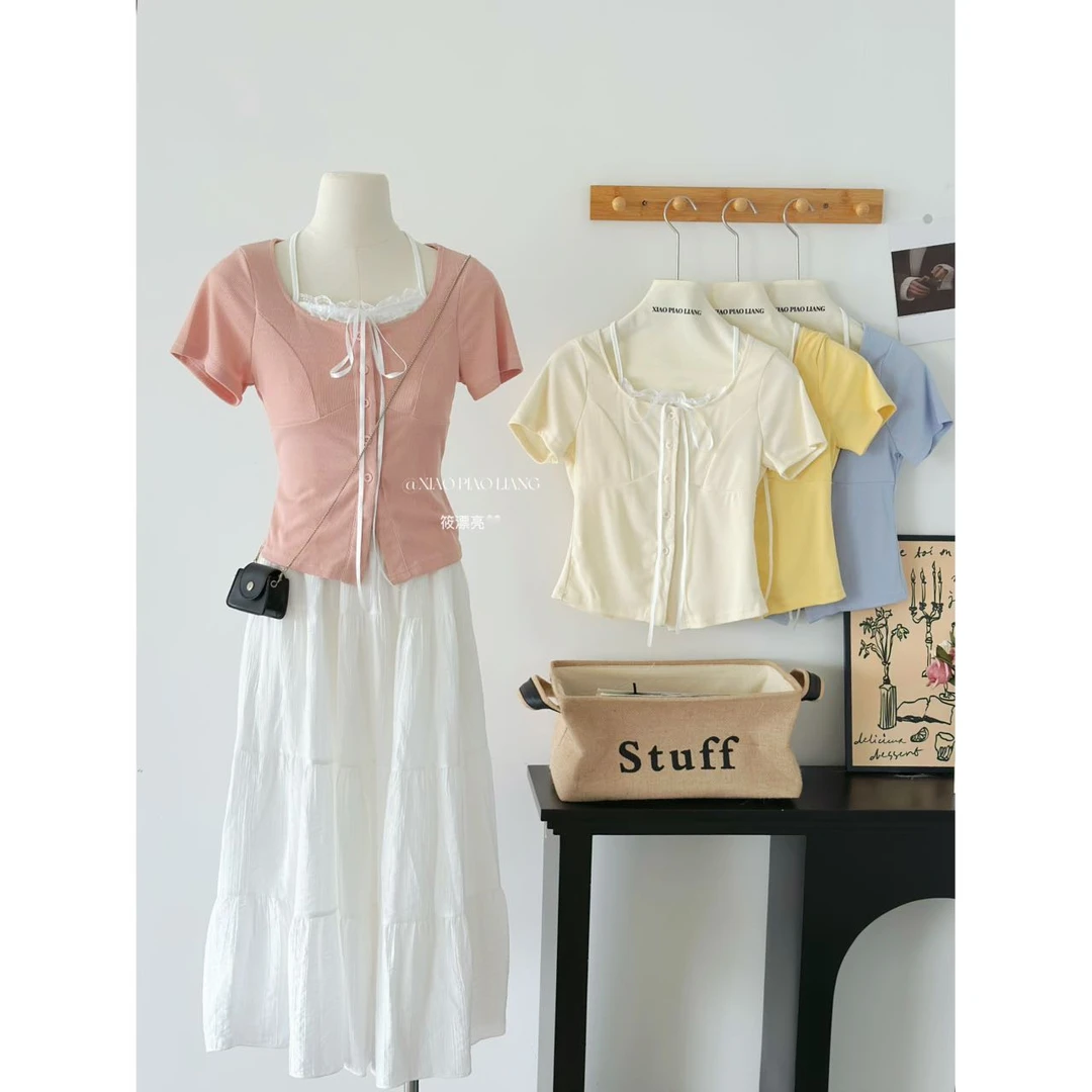 韩系辣妹蕾丝拼接短袖T恤女夏季新款假两件修身百搭上衣8399#0.1