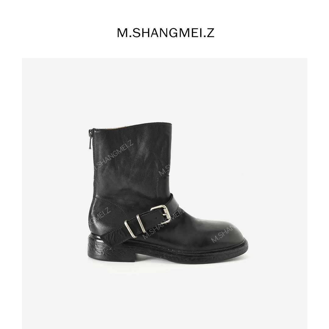 M.SHANGMEI.Z/沐熙美大哥时尚牛皮英伦风百搭黑色骑士靴子F11481
