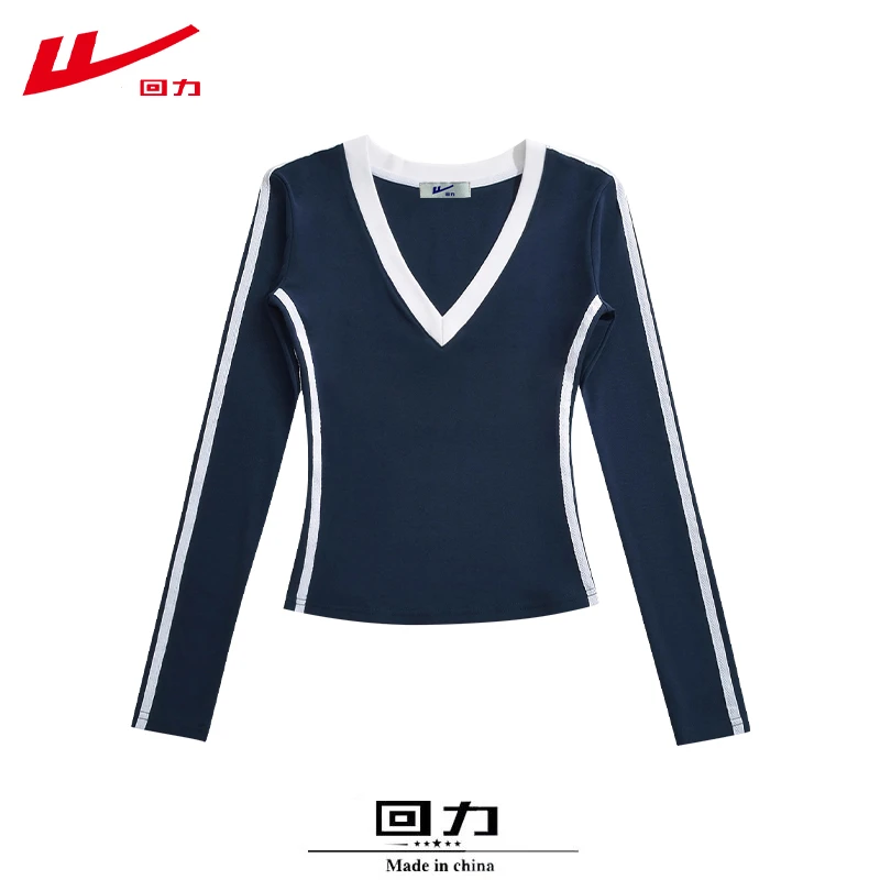 回力磨毛棉长袖T恤女秋冬季v领修身常规辣妹多巴胺运动休闲上衣