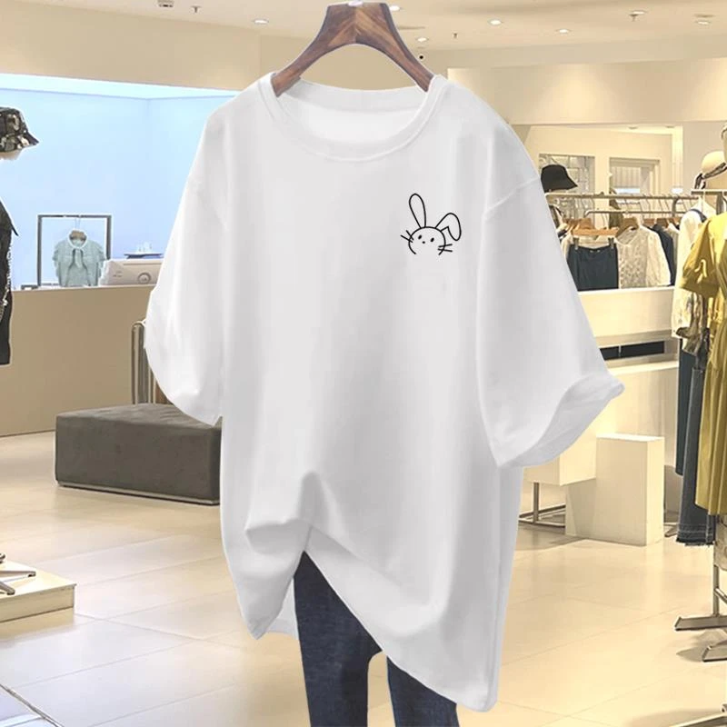 杜拉妮纯棉短袖t恤女夏季2025宽松大版中长款遮屁股白色简约上衣