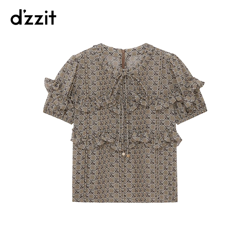 dzzit地素短袖衬衫夏季甜酷木耳边设计感满印小上衣女3I2D319