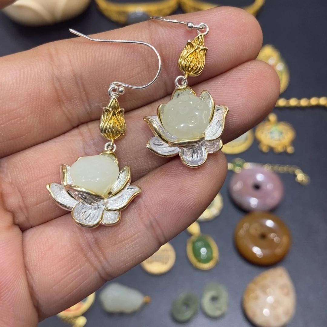 和田玉耳饰银S925镀金镶嵌