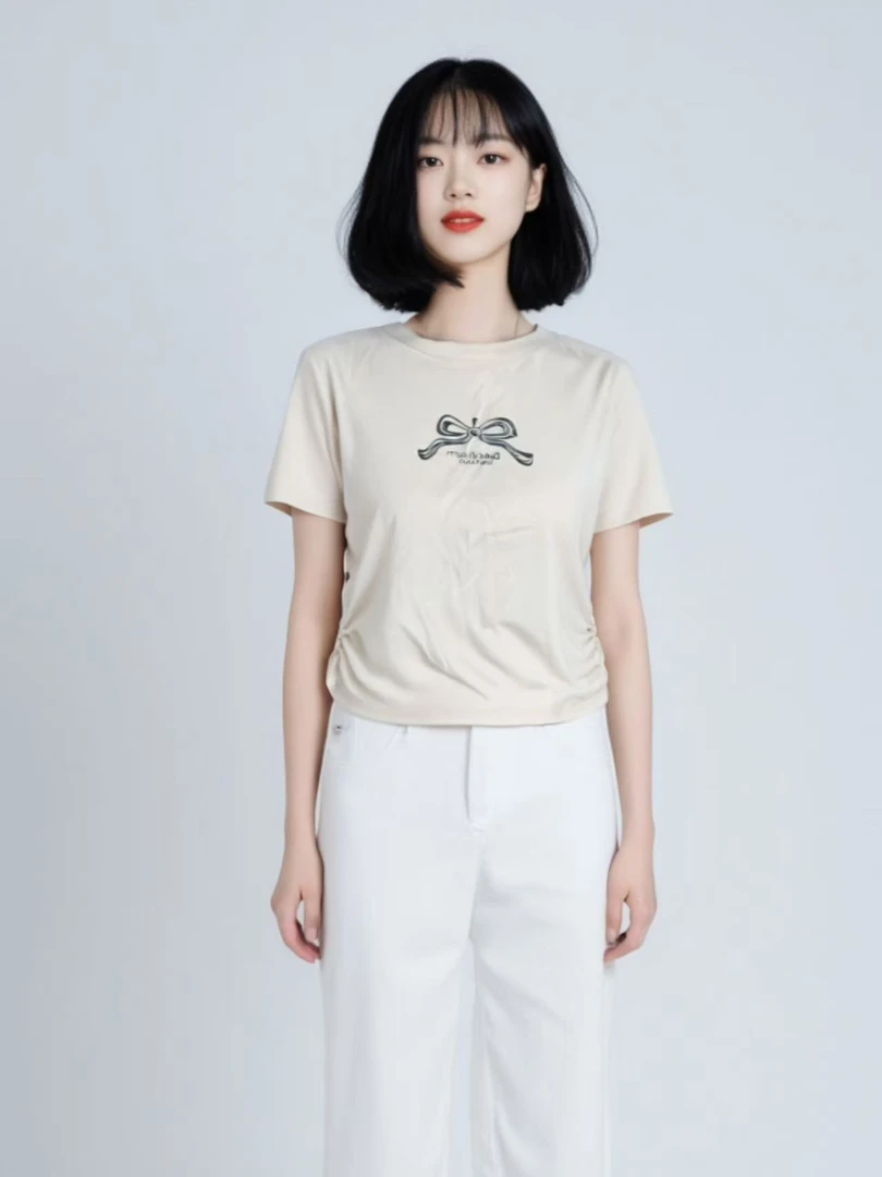 韩系简约百搭款 夏季 女 蝴蝶结T恤圆领