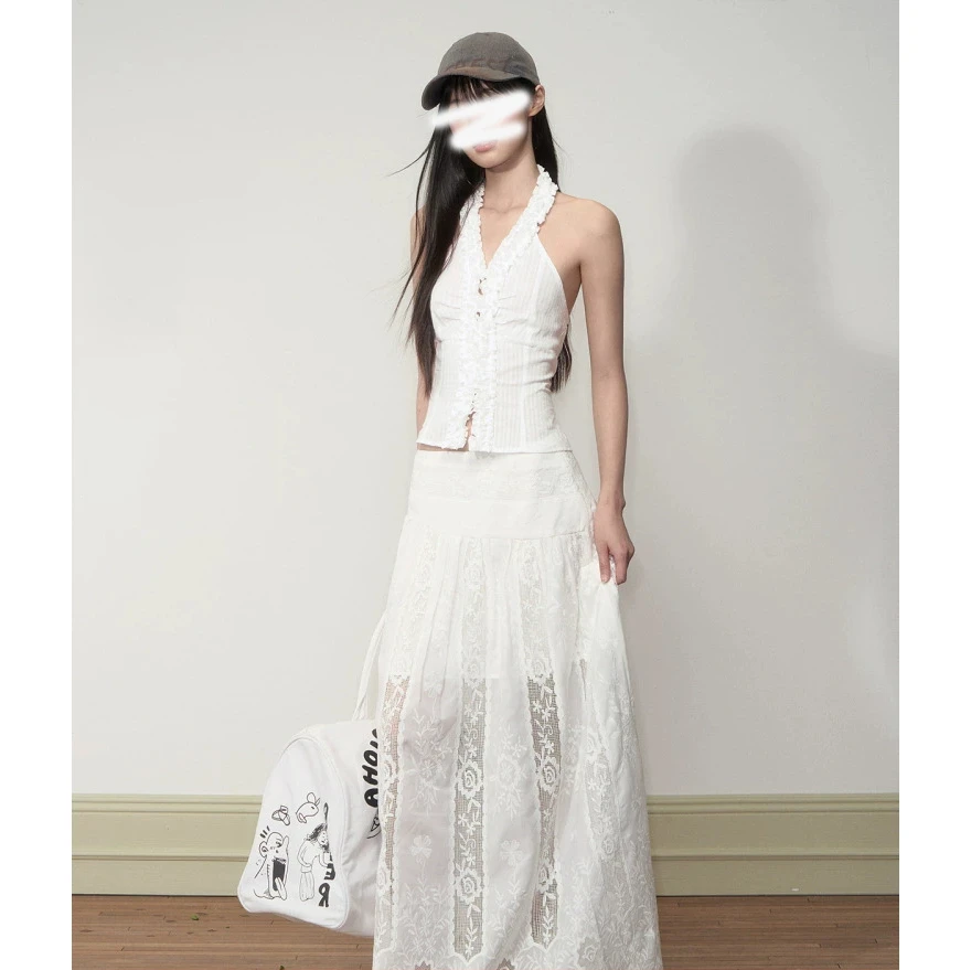 设计师法式复古无袖度假风挂脖花朵刺绣长裙气质套装裙