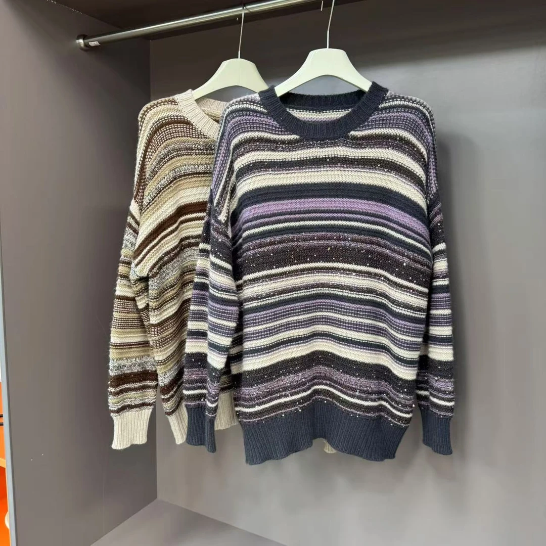 媛媛推荐【新感觉】长袖时尚百搭宽松条纹圆领秋冬套头针织衫C020