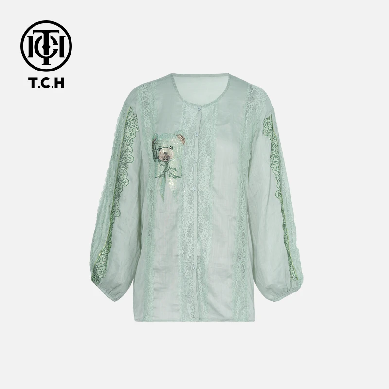 TCH私服烫钻工艺时尚休闲百搭舒适小熊衬衣女T75B13E5012轻奢tch