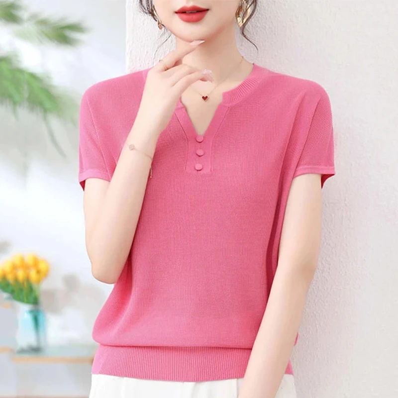 2025夏季新款时尚百搭V领薄款女士冰丝衫妈妈装短袖宽松显瘦上衣