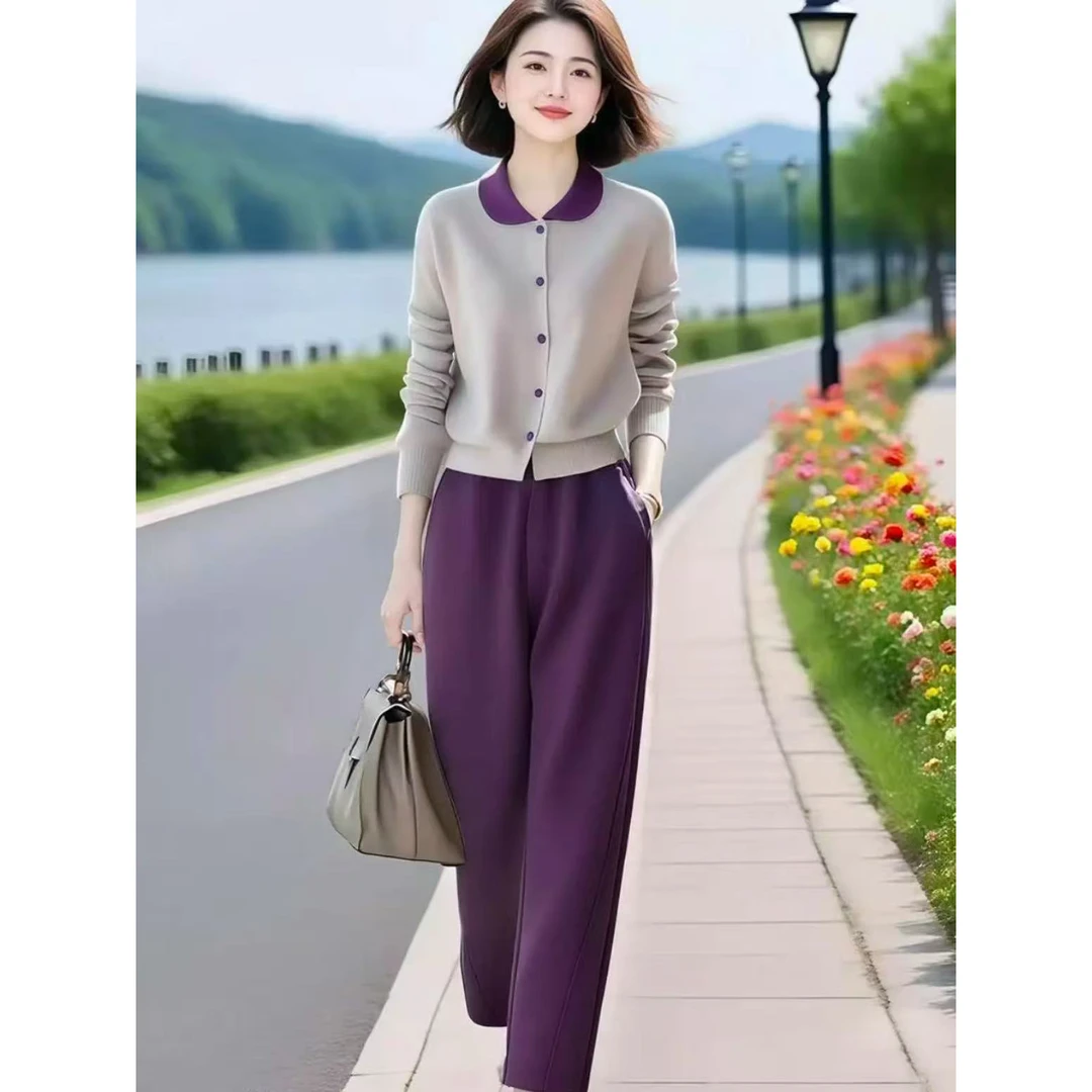【套装】2025春秋新款高级感撞色翻领时尚休闲气质九分裤两件套