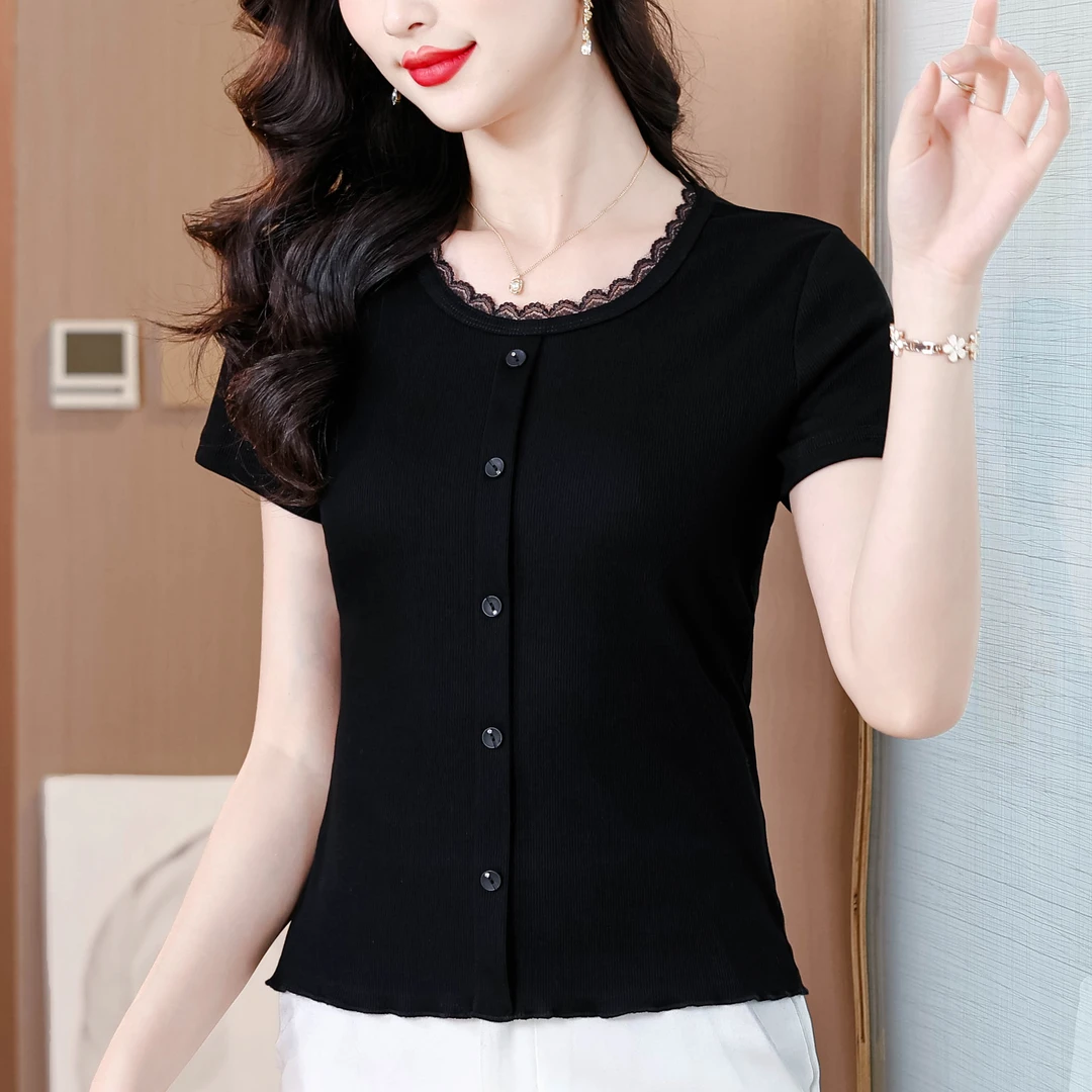 戈麦魅菲尔蕾丝吸汗圆领纯色短袖V领T恤洋气针织时尚韩版修身夏季