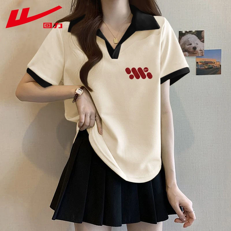 回力女生夏季短袖T恤爆款纯棉翻领半袖学生设计感韩系洋气衣服女