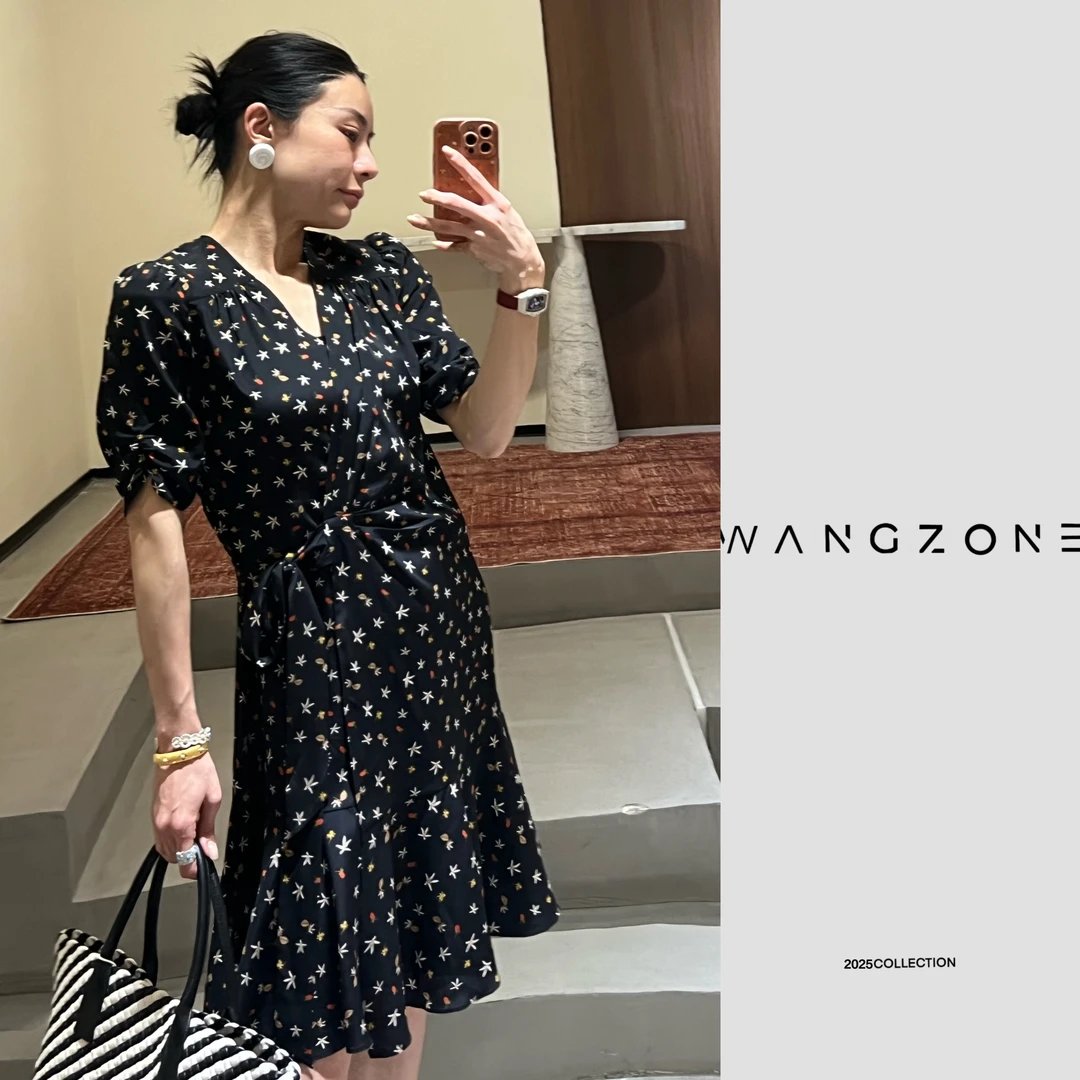 WANG ZONE｜獨家弹力双绉桑蚕丝_优雅气质V领收腰连衣裙