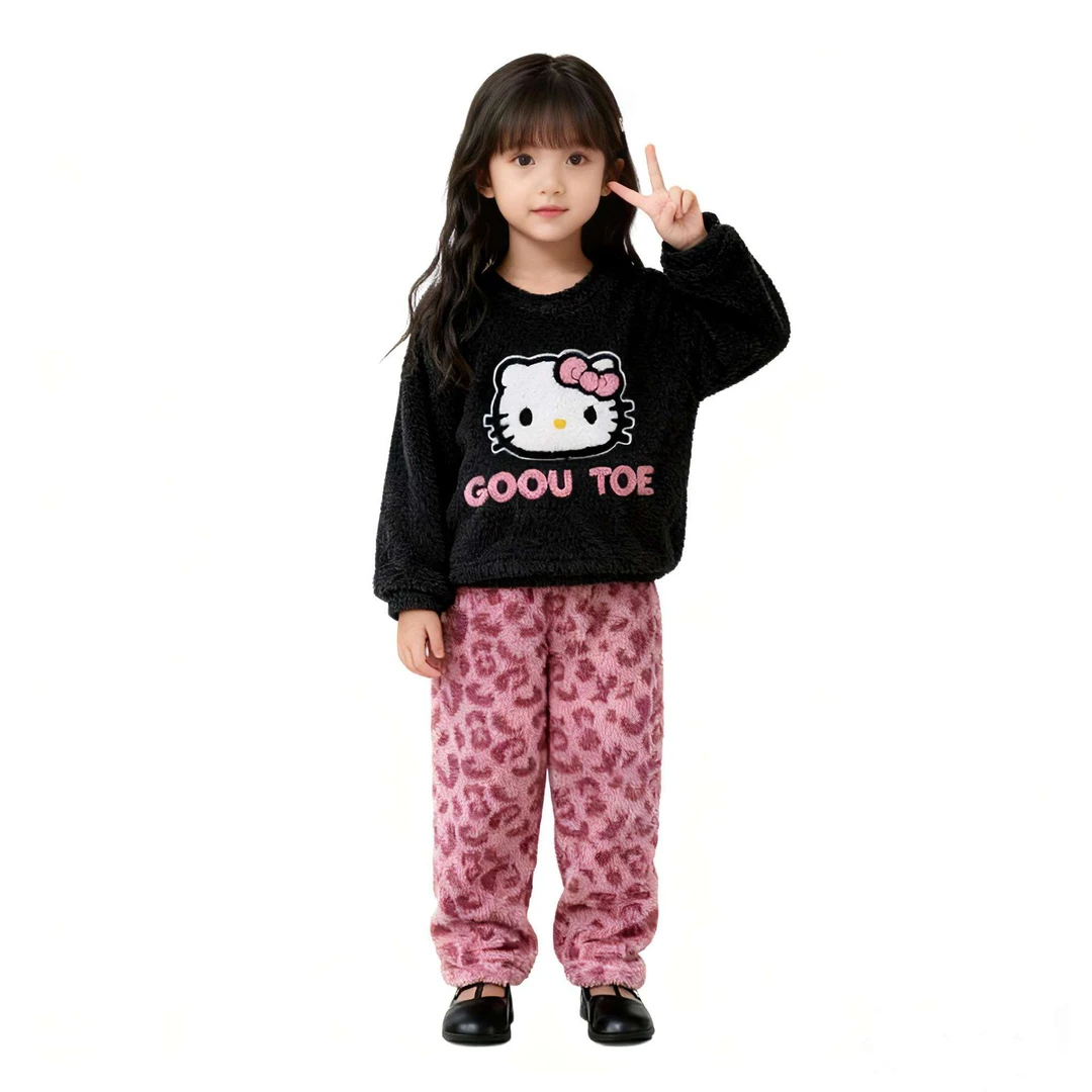 【亲子款】秋冬款女童豹纹儿童半边绒新款大童女孩家居服冬季