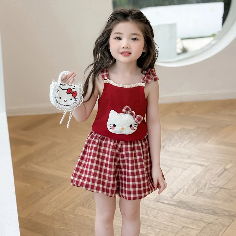 女童甜美吊带套装夏季儿童卡通背心2025新款夏装宝宝韩系格子短裤