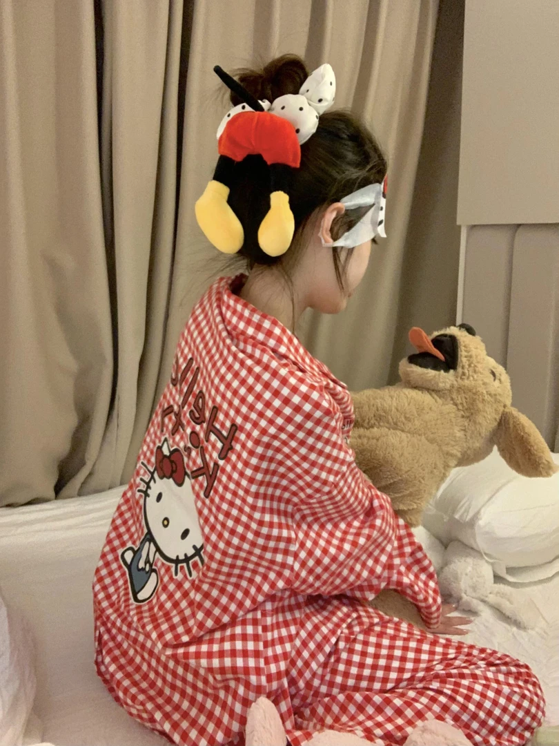 【来财】睡衣女春秋季红色格子套装可爱凯蒂猫甜美少女家居服可外穿