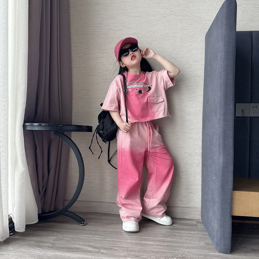 女童夏季洋气渐变色喷染两件套中大童扎染短款抽绳T恤套装直筒裤