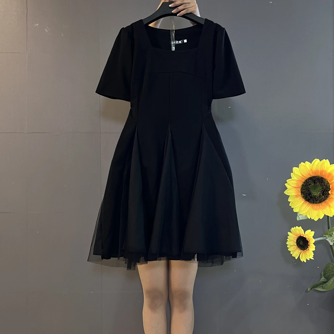 轻奢风时尚拼接设计感方领收腰显瘦大码连衣裙9293