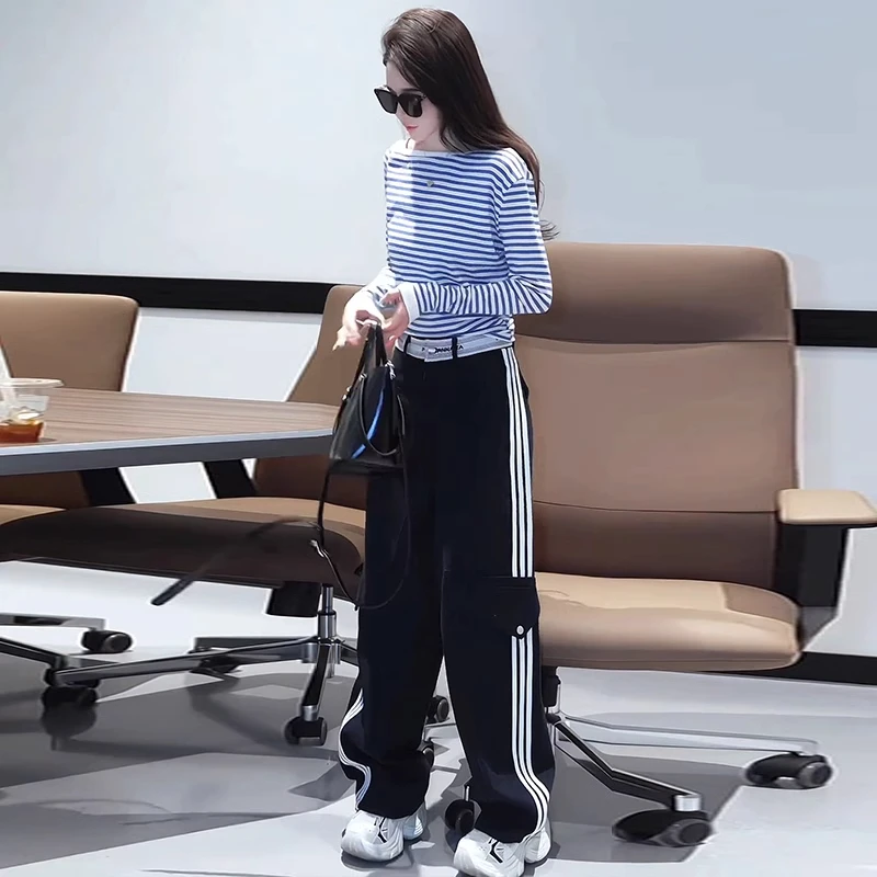 时尚套装女2025吃春季新款洋气显瘦条纹T恤高腰阔腿裤休闲两件套