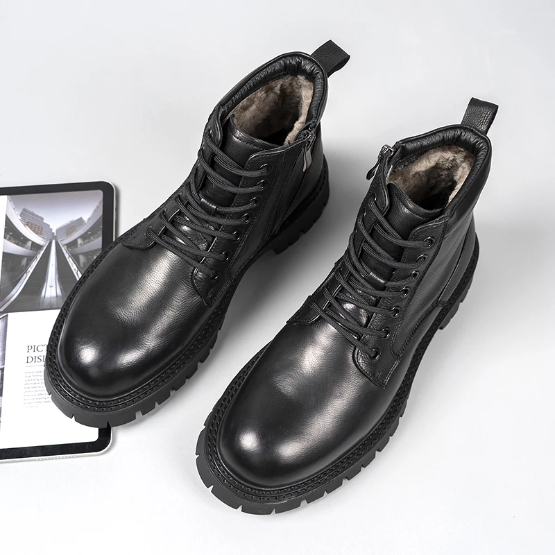 冬季英伦马丁靴男靴羊皮毛一体保暖真皮短靴子男士机车靴高帮棉鞋