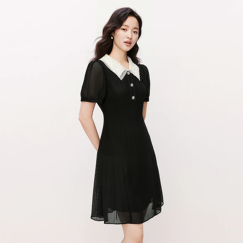 珂莱蒂尔拼接娃娃领高腰连衣裙法式小黑裙名媛赫本风KF12206W0