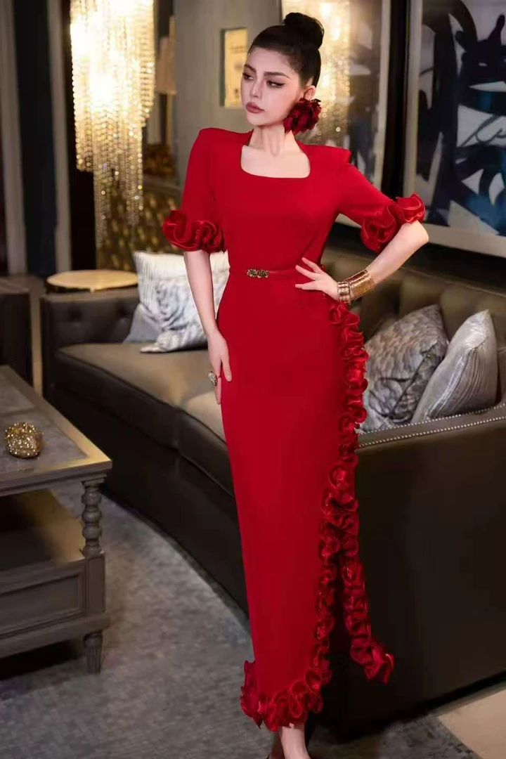 礼服常规鱼尾中腰长裙高贵夏季设计师连衣裙结婚酒红色晚礼服