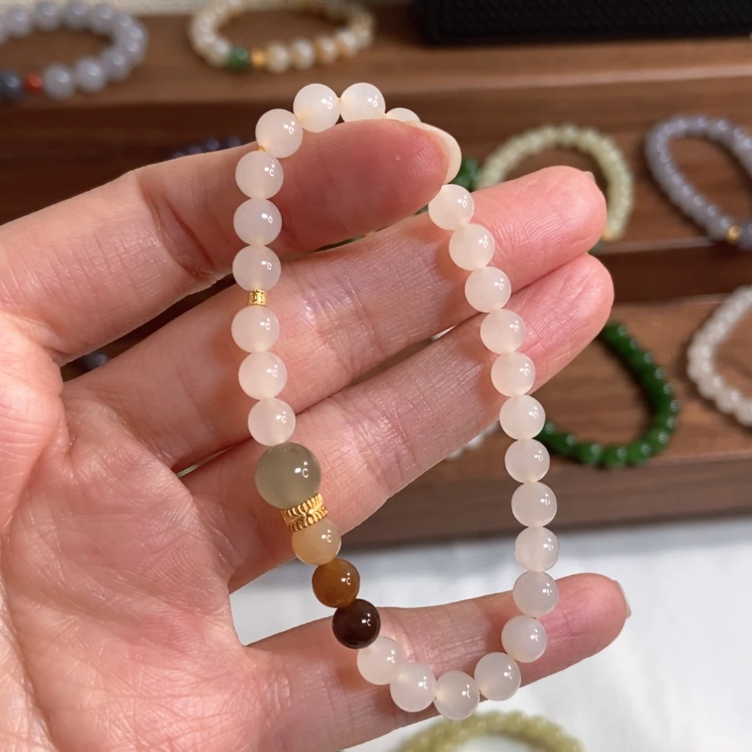 和田玉手链银S925镶嵌6mm蜂蜜水冰底