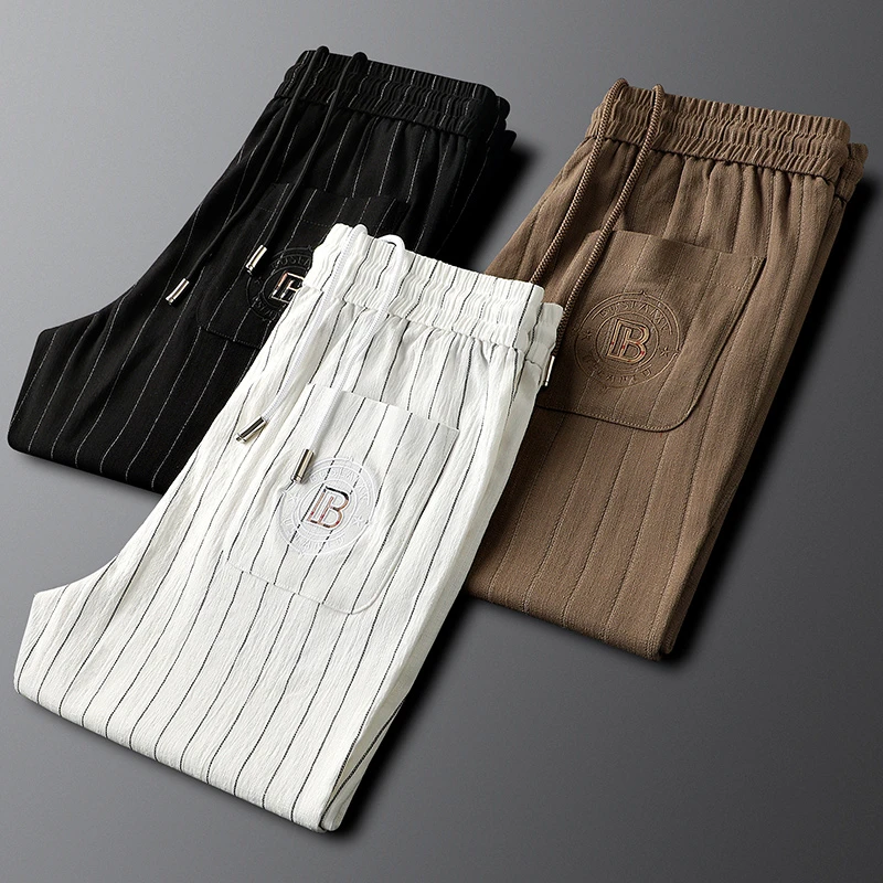 2025休闲裤男士轻奢直筒薄款夏季潮流条纹商务长裤新款时尚夏天
