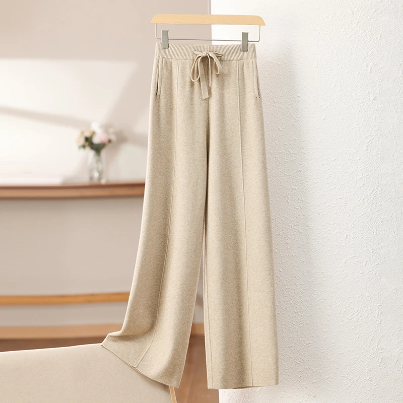 秋冬羊毛针织阔腿裤女高腰垂感显瘦外穿中缝带兜直筒裤加长拖地裤