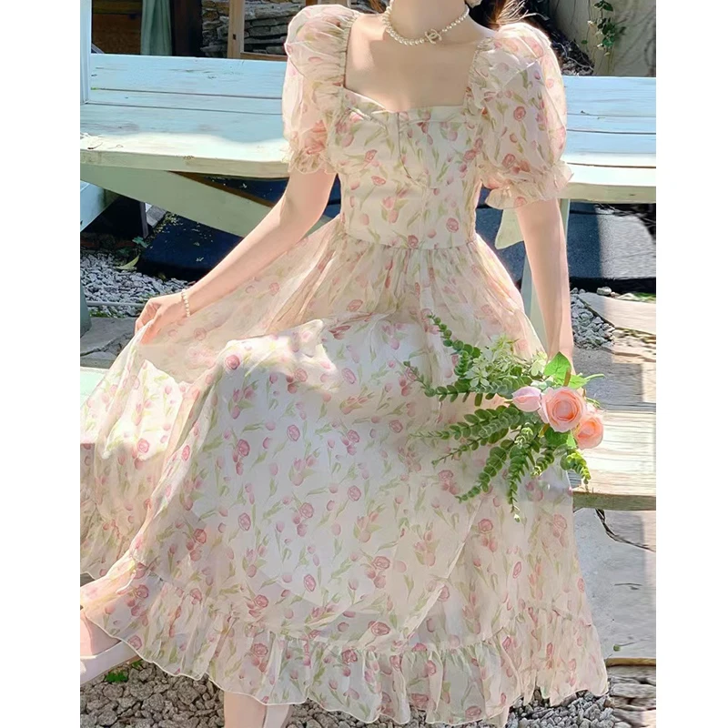 35345花季女孩/法式郁金香宫廷风沙滩裙碎花夏甜美茶歇仙连衣裙Z